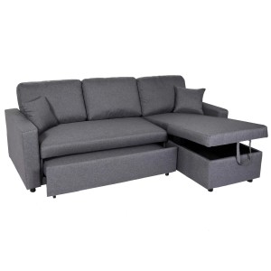 Dunkelgraues MCW Ecksofa L17 mit Bettkasten und Schlaffunktion.