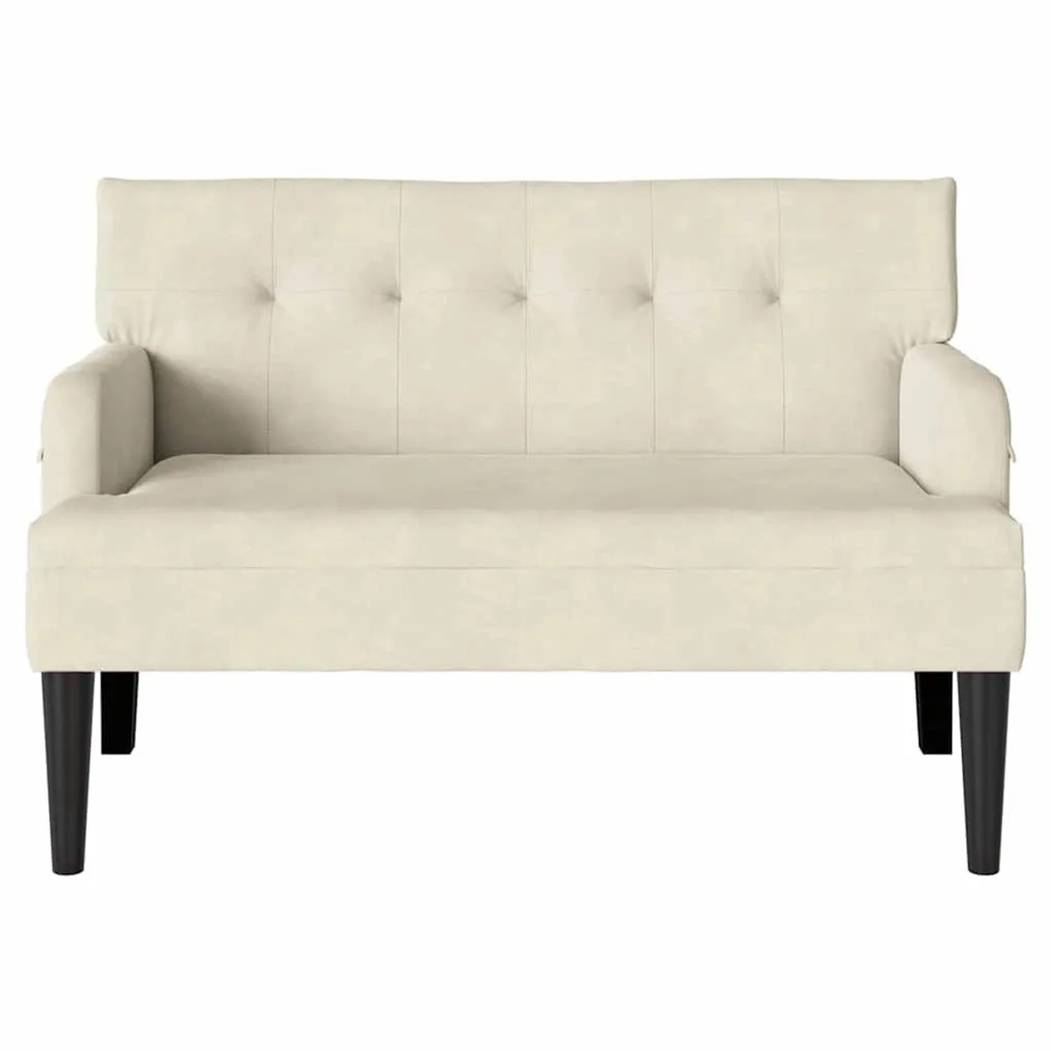Cremefarbene vidaXL Chesterfield Bank aus Samt, 2-Sitzer, mit getufteter Rückenlehne und dunklen Holzbeinen.