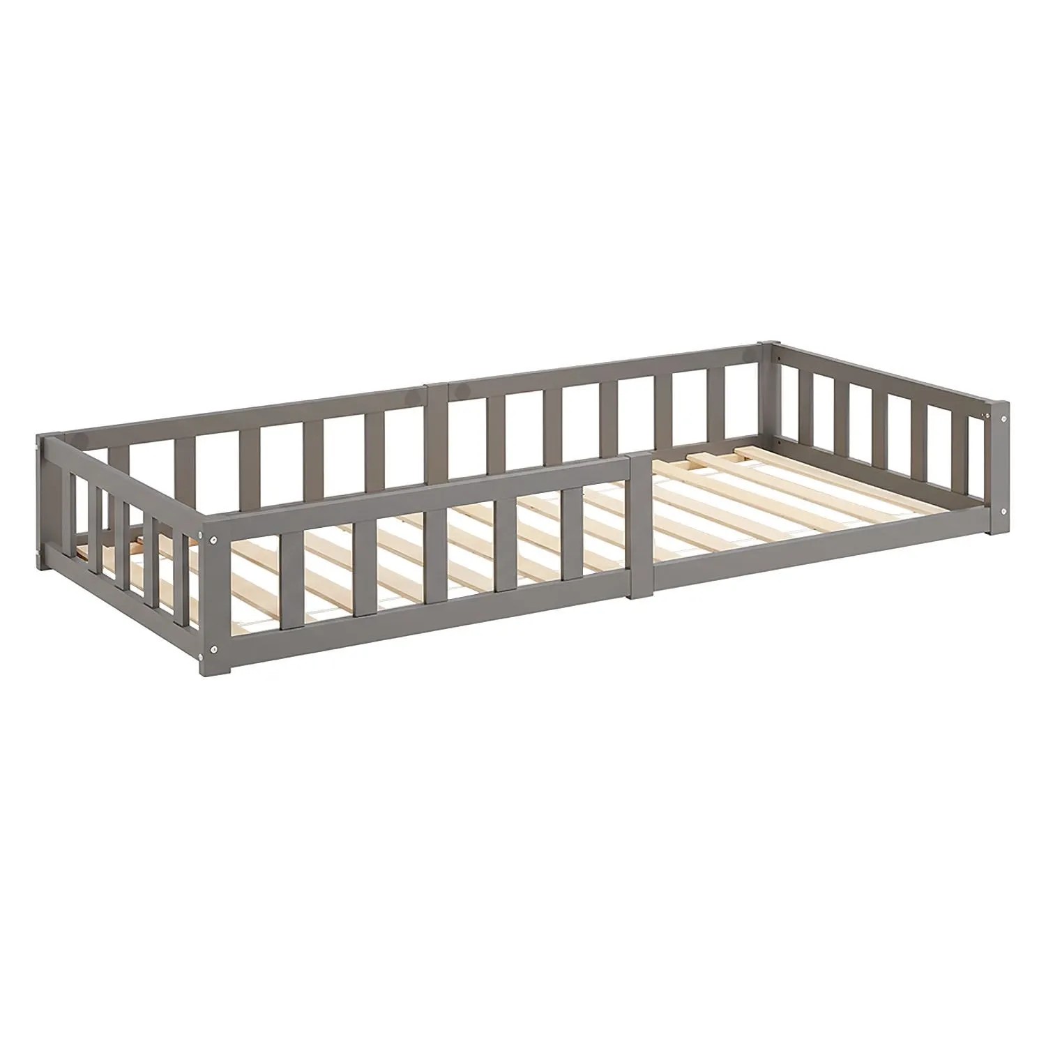 Homestyle4u Kinderbett Grau mit Rausfallschutz 90x200 cm Bodenbett 2928