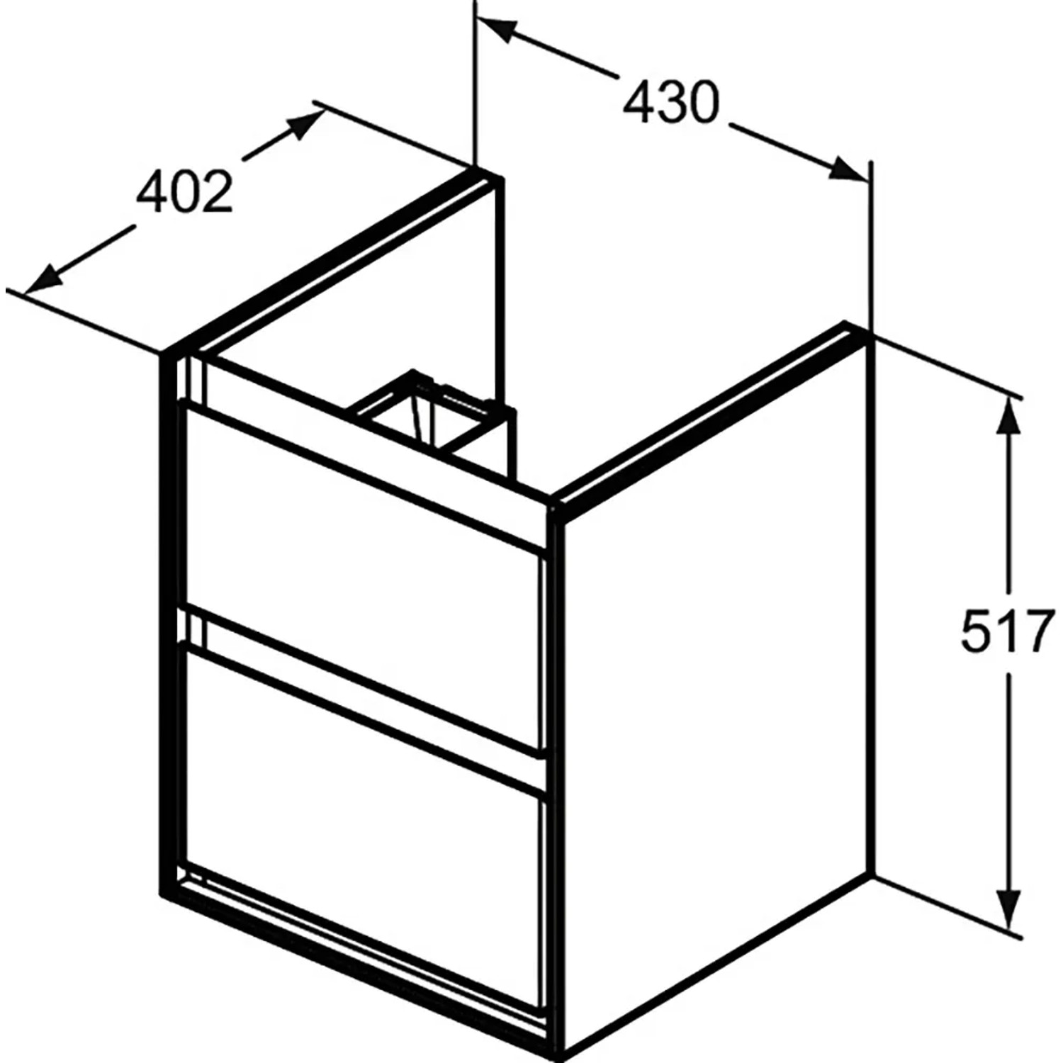 Ideal Standard Connect Air Waschbeckenunterschrank, weiß, 43 cm breit, mit zwei Schubladen. Schemazeichnung.