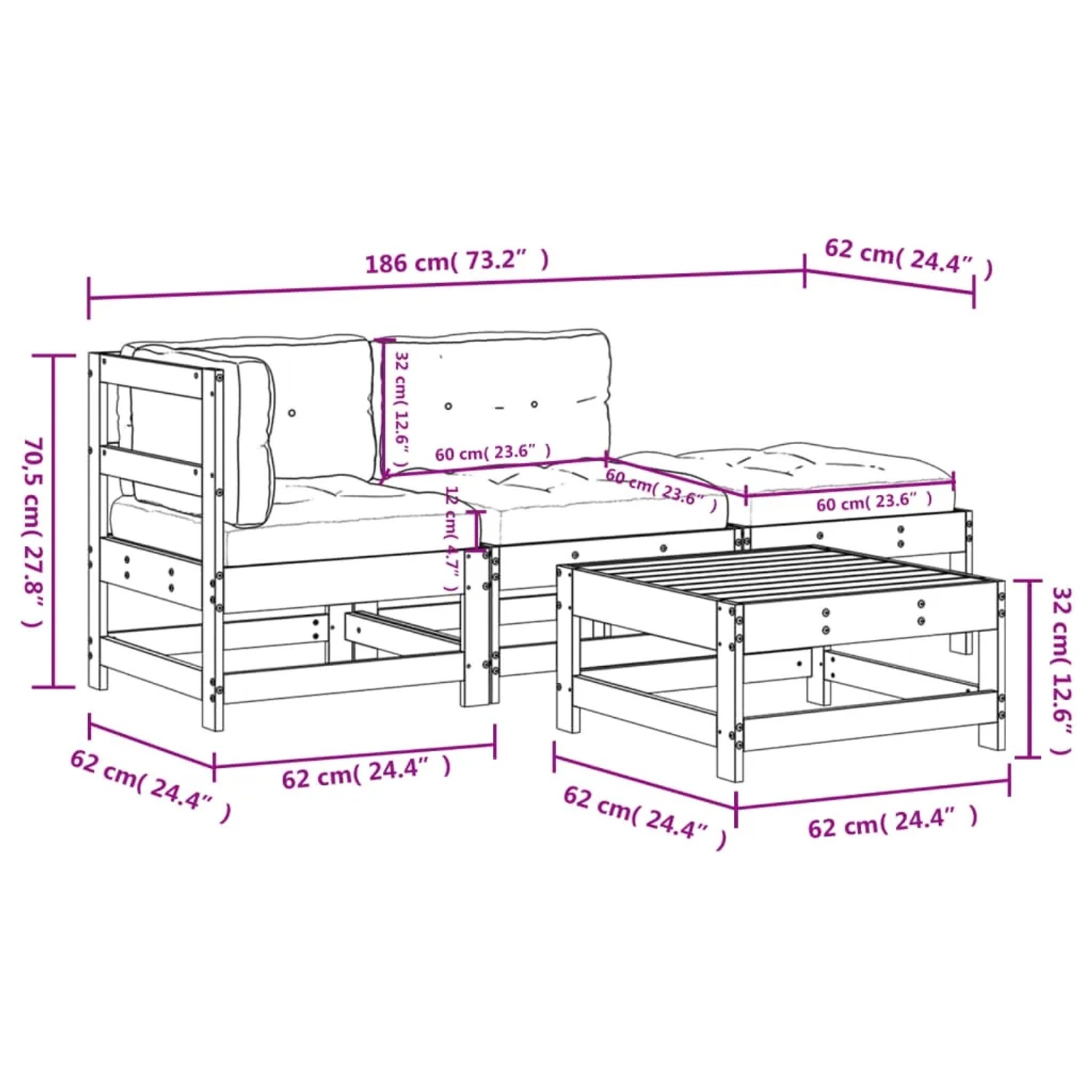 vidaXL 4-Tlg. Garten Lounge Set aus Massivholz mit Kissen, Maße siehe Abbildung.