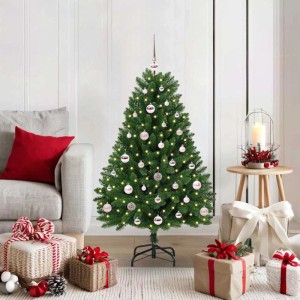 Geschmückter, grüner, künstlicher vidaXL Weihnachtsbaum (120 cm) mit warmweißen LED-Lichtern und Kugeln.