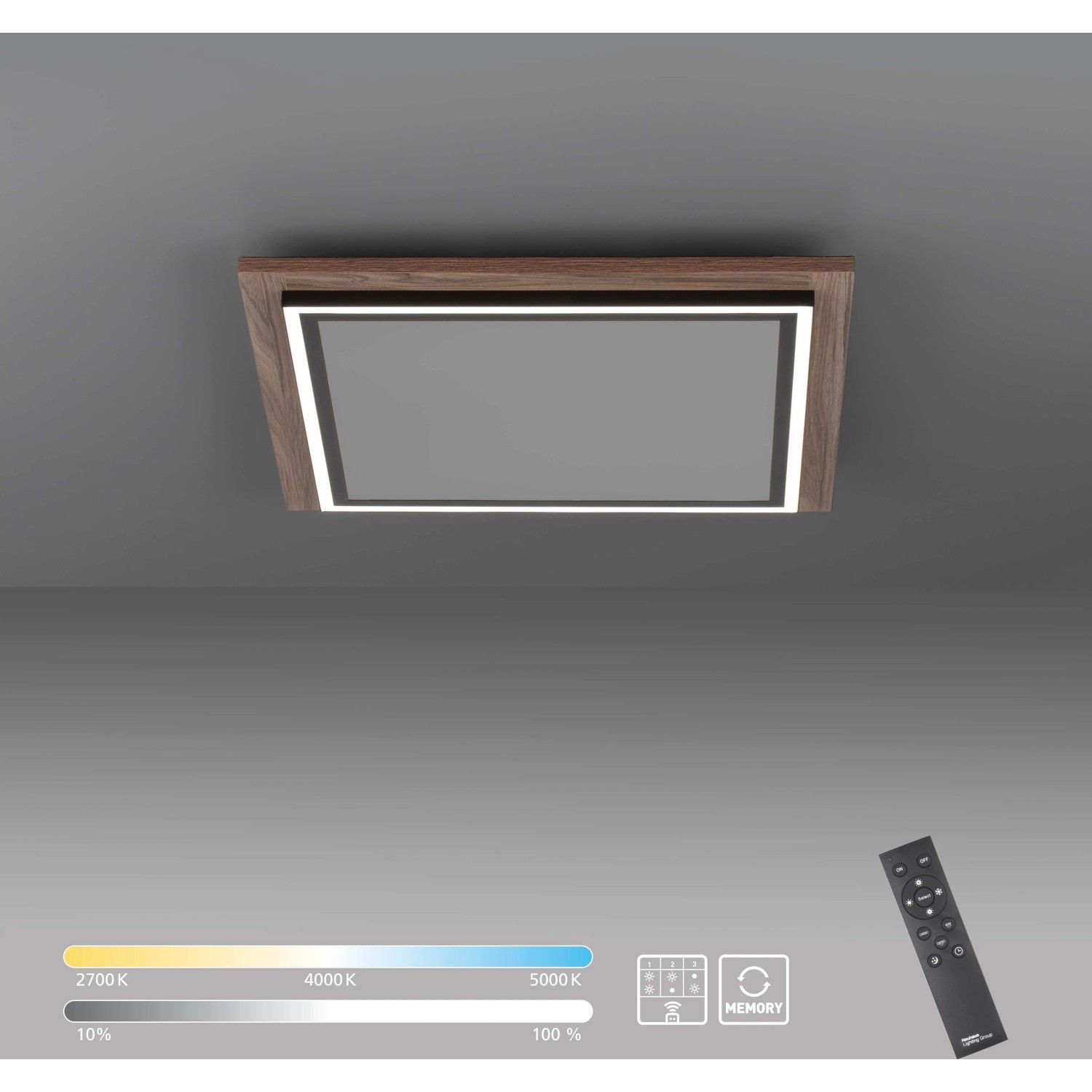 Quadratisches Paul Neuhaus LED-Panel Palma mit Holzdekor und Fernbedienung.