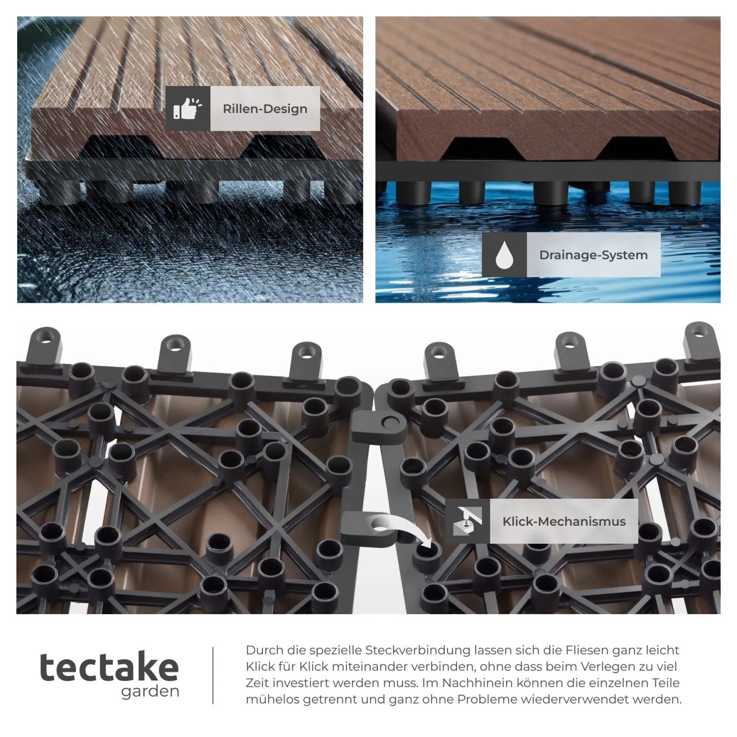 Tectake Terrassenfliesen Tegulas 22Er Set Im Klicksystem Robustes Wpc In Holzoptik 22Er Set 31 x 31 x 2 20 cm Braun_5