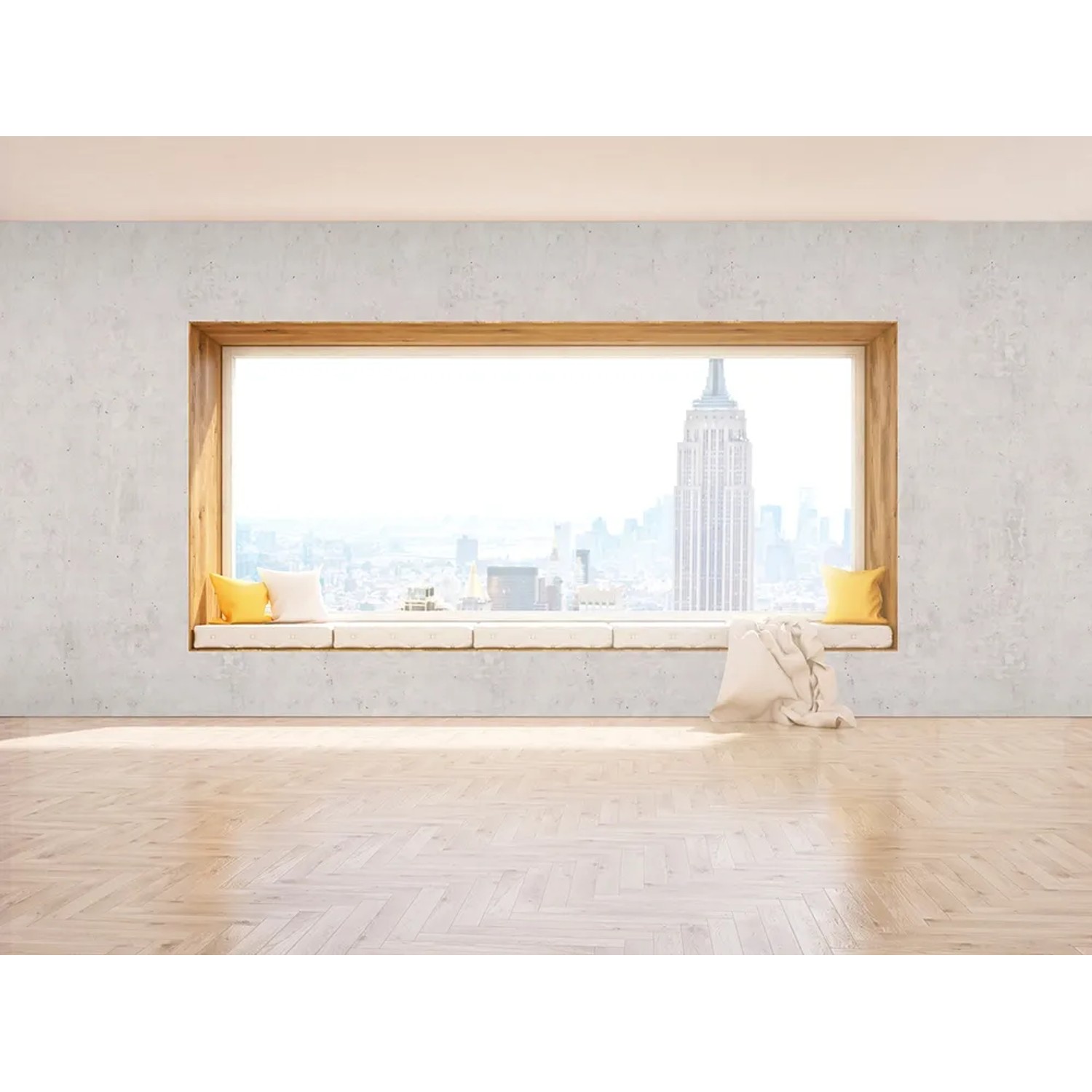 Raum mit Grosfillex Wandverkleidung Element 3D Optik Beton NY Weiß und Fenster mit Blick auf New York.