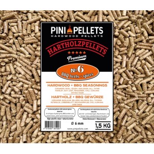 PINI Hartholz Pellets Nr. 6 mit BBQ Kräutern & Gewürzen zum Grillen, Räuchern, Smoken, 1,5 kg.