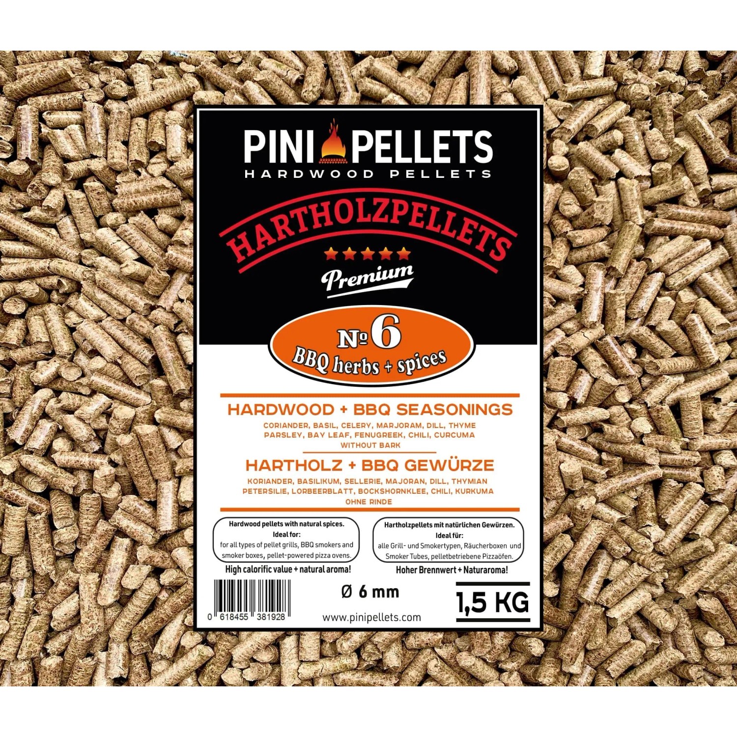 PINI Hartholz Pellets Nr. 6 mit BBQ Kräutern & Gewürzen zum Grillen, Räuchern, Smoken, 1,5 kg.