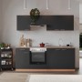 Respekta Küchenzeile KB210BGEC, 210 cm, Grau/Buche Optik, mit E-Geräten und Spüle.