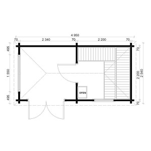 Grundriss der Finntherm Gartensauna Pori-70, 495x254 cm, mit Maßangaben.