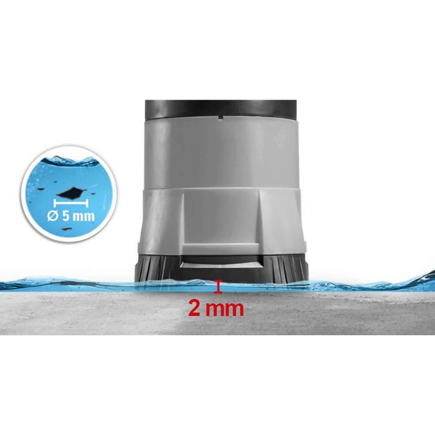 Detailaufnahme Heissner Poolpumpe: Flachsaugend bis 2 mm, fördert Schmutz bis 5 mm.