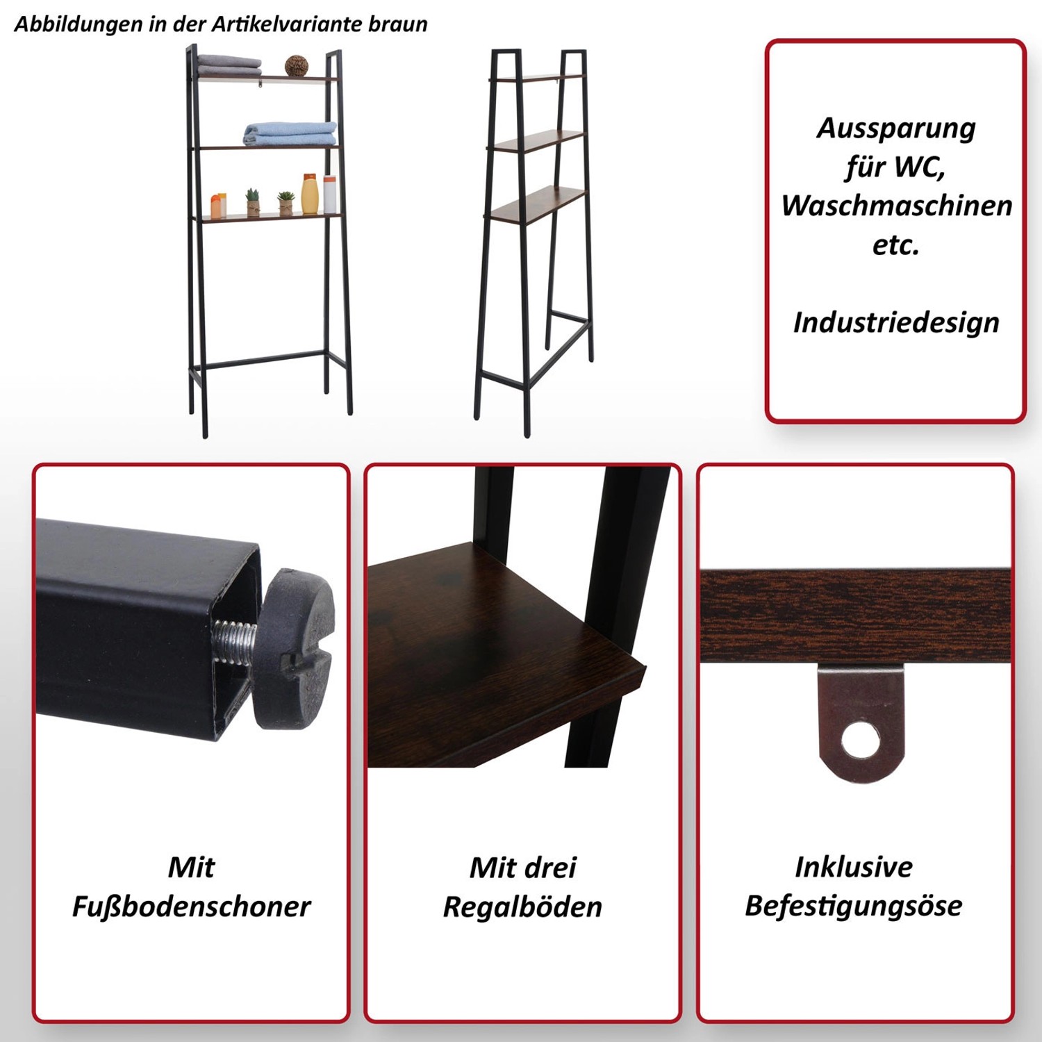 MCW Standregal K82 in Grau-Braun mit drei Regalböden und WC-Aussparung.