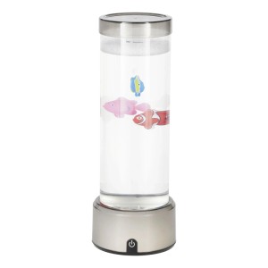 Eglo LED-Wasserleuchte Aqua mit silberner Basis, transparenter Säule und bunten schwimmenden Fischen. Dekorative LED-Tischleuchte.