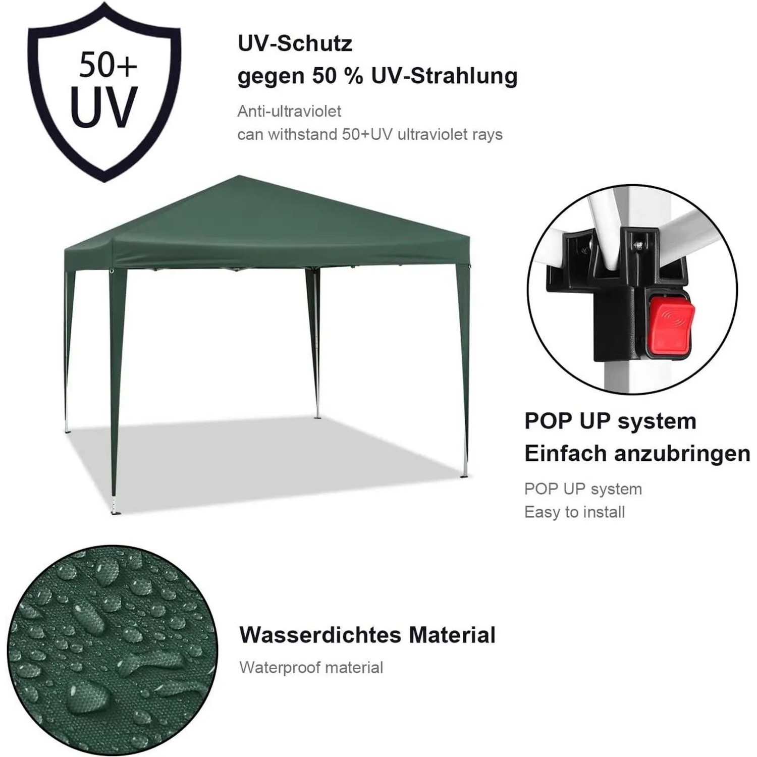 Grüner 3x3m Pop-Up Pavillon mit UV-Schutz und wasserdichtem Dach. Einfacher Aufbau durch Faltsystem.