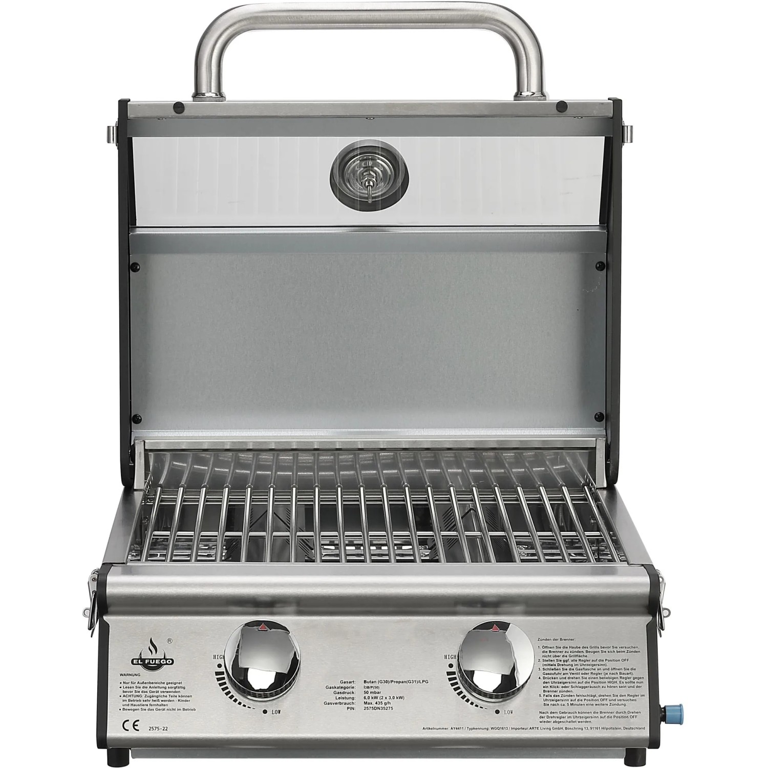 EL Fuego Gasgrill Jesolo, schwarz-silber, mit Edelstahlrost und Thermometer im Deckel.