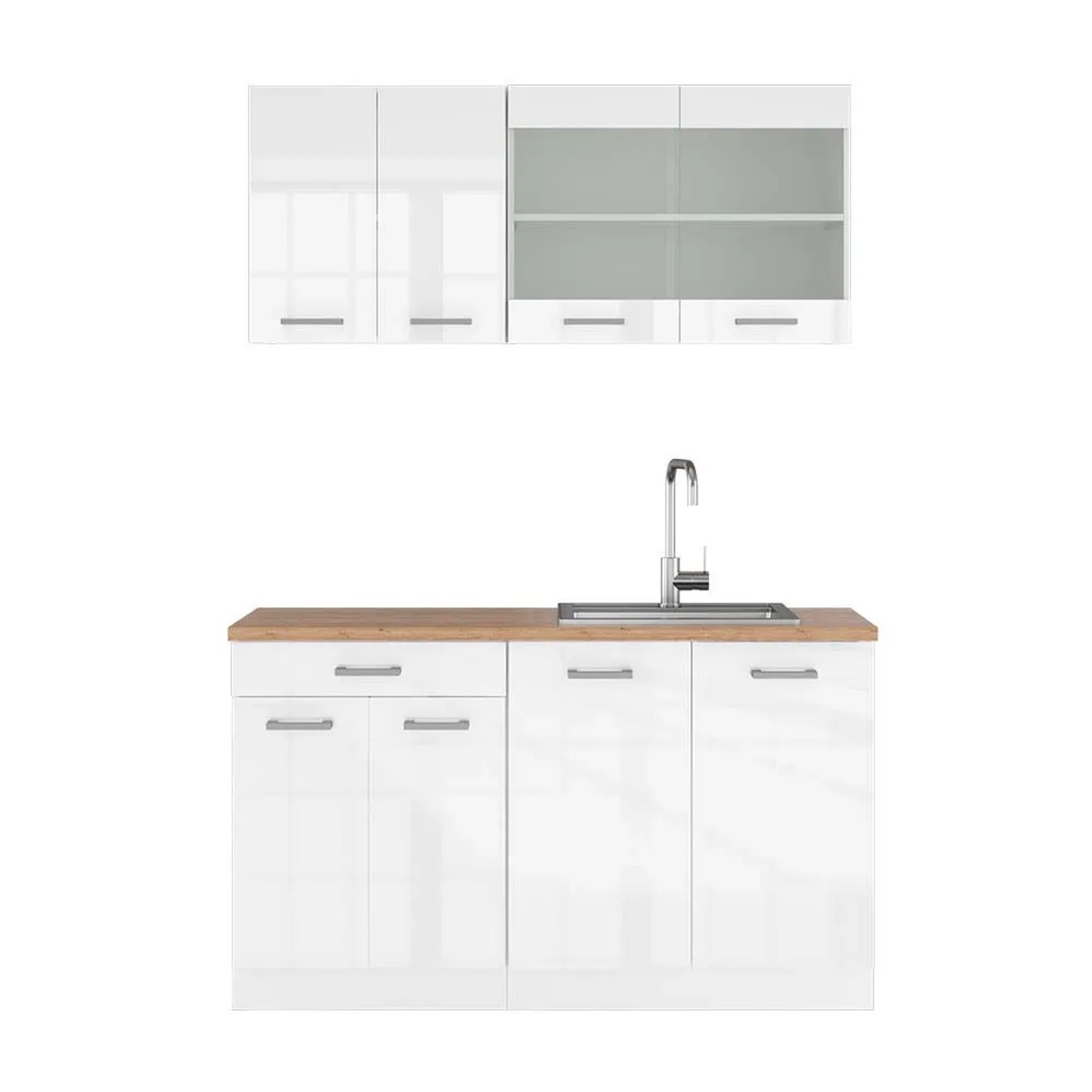 Vicco R-Line Singleküche Weiß Hochglanz Weiß 140 cm AP Eiche ohne E-Geräte