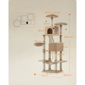 Feandrea Kratzbaum Kamel, 203,5 cm hoch, mit 5 Ebenen, Katzenhaus, Hängematte, Kratzsäulen und Rampe für mehrere Katzen.