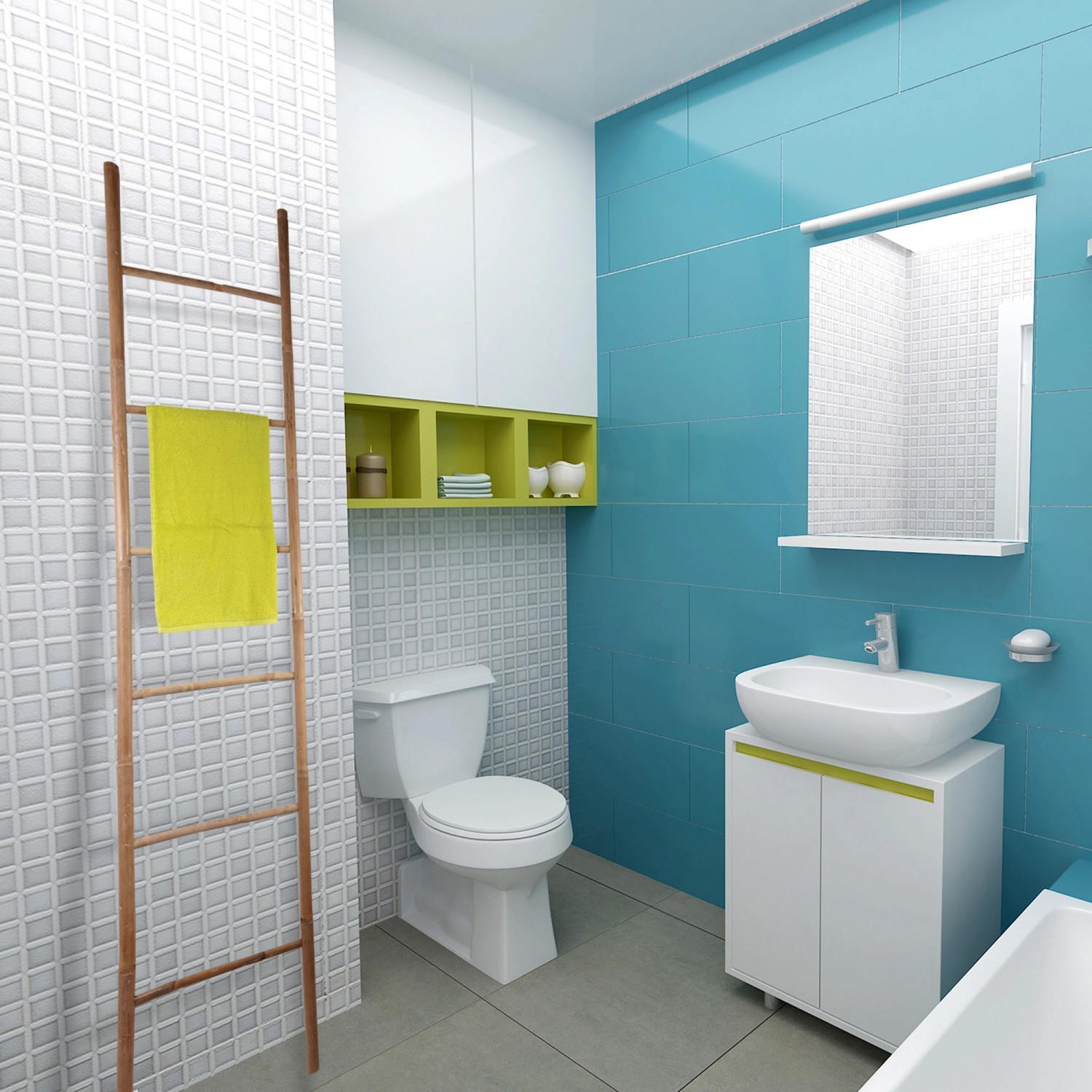 Bambusleiter, 6-stufig, 190 cm, als Handtuchhalter im Badezimmer mit gelbem Handtuch.