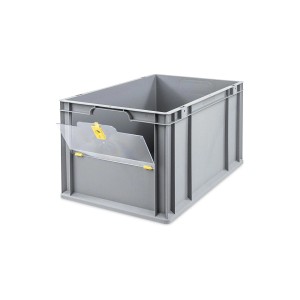 Graue PROREGAL Eurobox 65L mit Entnahmeöffnung und transparentem Deckel. Aufbewahrungsbox für Industrie und Gewerbe.