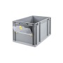 Graue PROREGAL Eurobox 65L mit Entnahmeöffnung und transparentem Deckel. Aufbewahrungsbox für Industrie und Gewerbe.