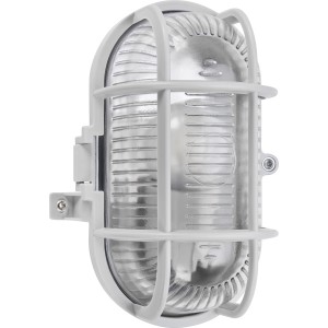 Ovale, graue Kellerleuchte mit Schutzkorb, 17x12x10,5 cm, E27 max. 60W.