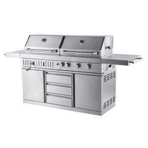 Freistehende MyOutdoorKitchen Outdoorküche mit Gas- und Holzkohlegrill aus Edelstahl.