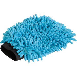 Blauer OBI 2 in 1 Mikrofaserhandschuh zur Autopflege mit schwarzem Bündchen.