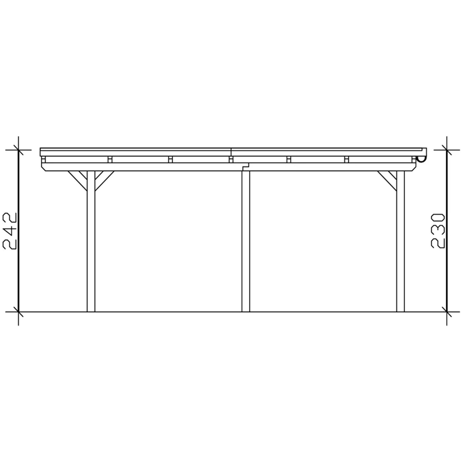 Technische Zeichnung: Skan Holz Einzelcarport aus Leimholz, weiße Ausführung, mit Maßangaben.