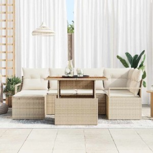 Moderne 7-tlg. vidaXL Garten Essgruppe beige/creme aus Polyrattan mit Holztisch und bequemen Kissen für Terrasse.