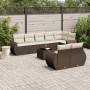 Braune 9-tlg. vidaXL Garten-Sofagarnitur aus Rattan mit cremefarbenen Kissen und Tisch.