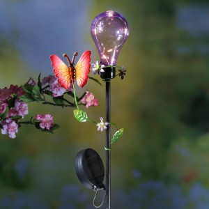 Marelida LED Solar Gartenstecker: lila Glühbirne, bunter Schmetterling, Solarpanel. Ideal für Garten & Balkon.