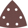 Braunes dreieckiges Bosch Delta-Schleifblatt F460 mit 6 Löchern, Körnung 180, für Holz und Lack, 93mm.