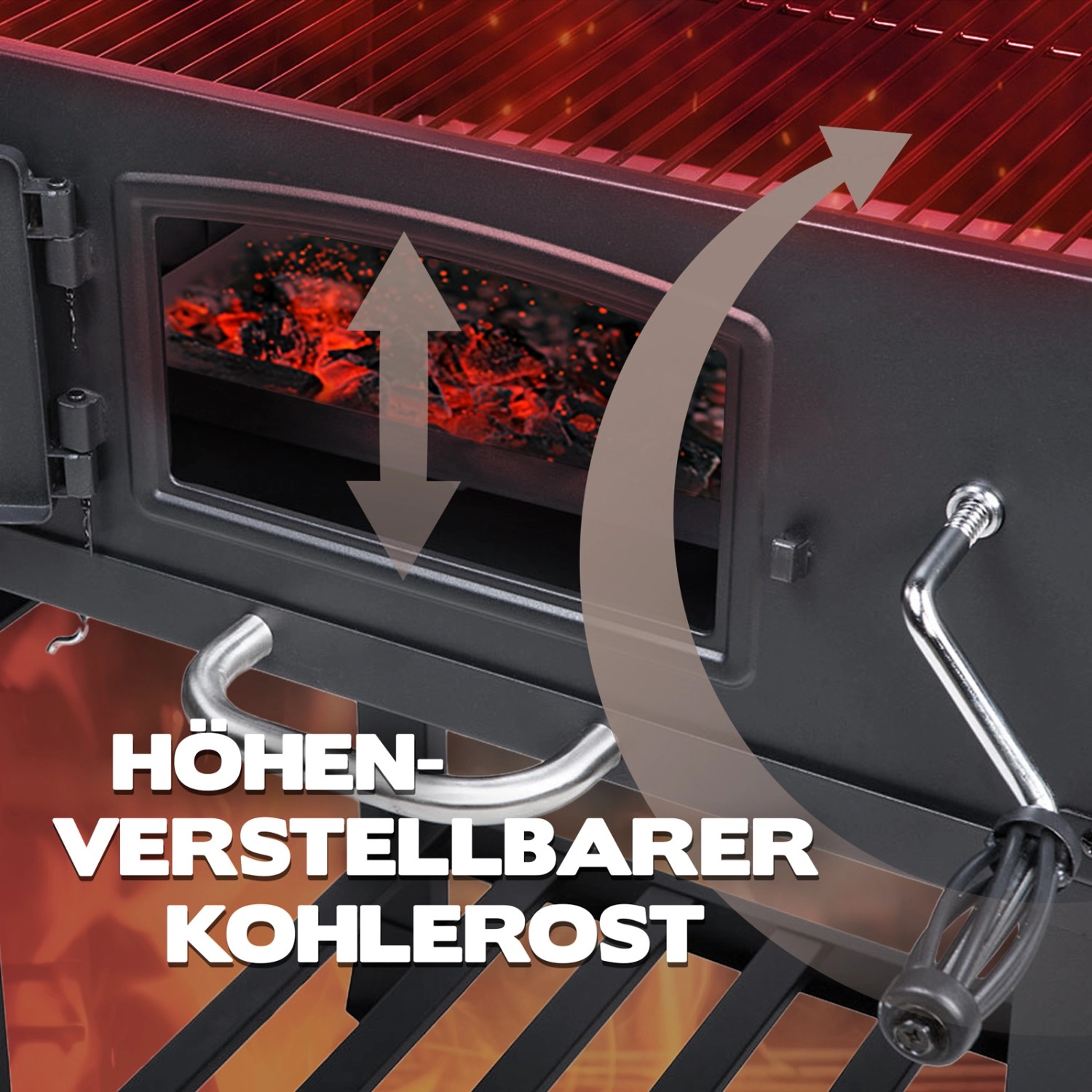 Detailaufnahme Taino Hero XL Holzkohlegrill: Höhenverstellbarer Kohlenrost mit Glut.