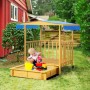 Outsunny Sandkasten mit Dach: Holzsandkiste mit blauem Sonnenschutz und spielendem Kind.