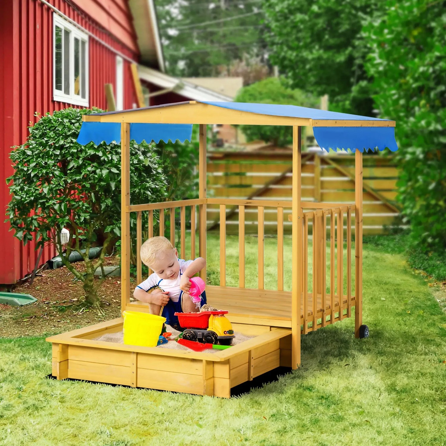 Outsunny Sandkasten mit Dach: Holzsandkiste mit blauem Sonnenschutz und spielendem Kind.