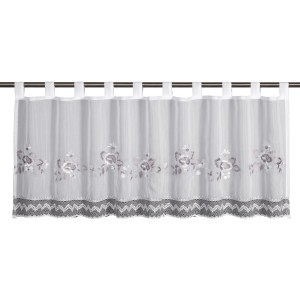 Silbergraue Bistrogardine mit Blumenstickerei und Häkelspitze, 135x45 cm.