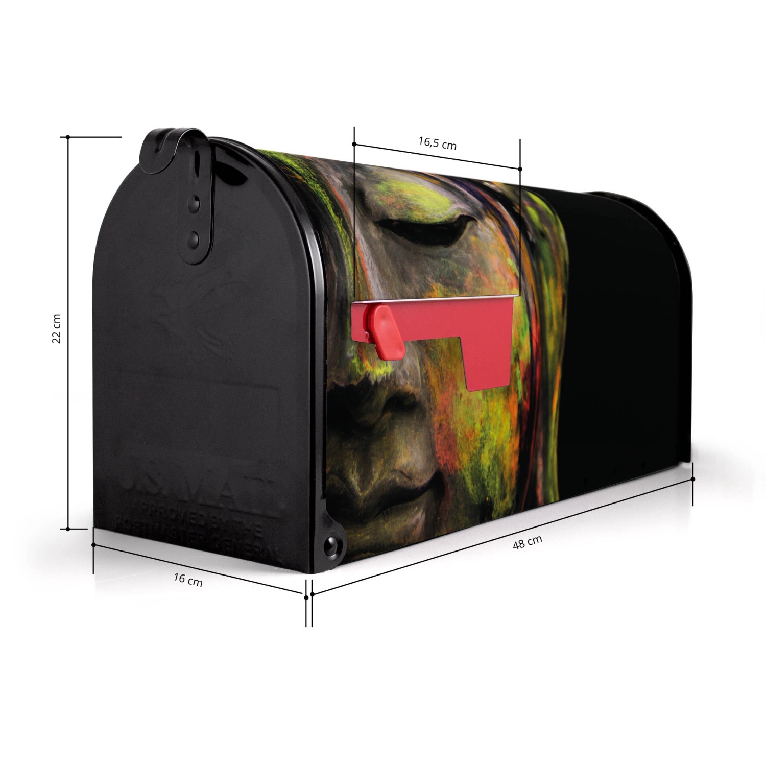 Schwarzer US Briefkasten mit buntem Buddha Motiv, 48x22x16cm, Stahl pulverbeschichtet.