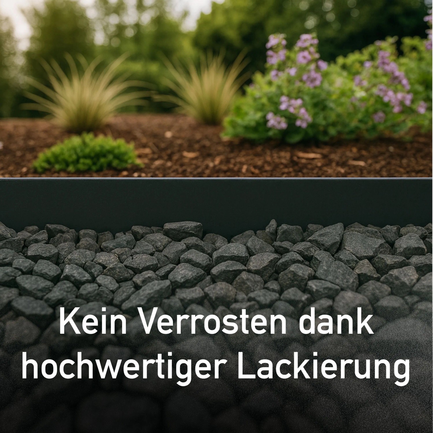 Anthrazitfarbene Metall Rasenkante trennt Beet von Kies. Robust, lackiert und rostbeständig für den Garten.
