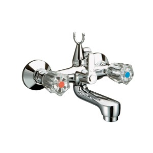 Zweigriff-Wannenarmatur Ledro Chrom mit transparenten Griffen und Brausehalter.