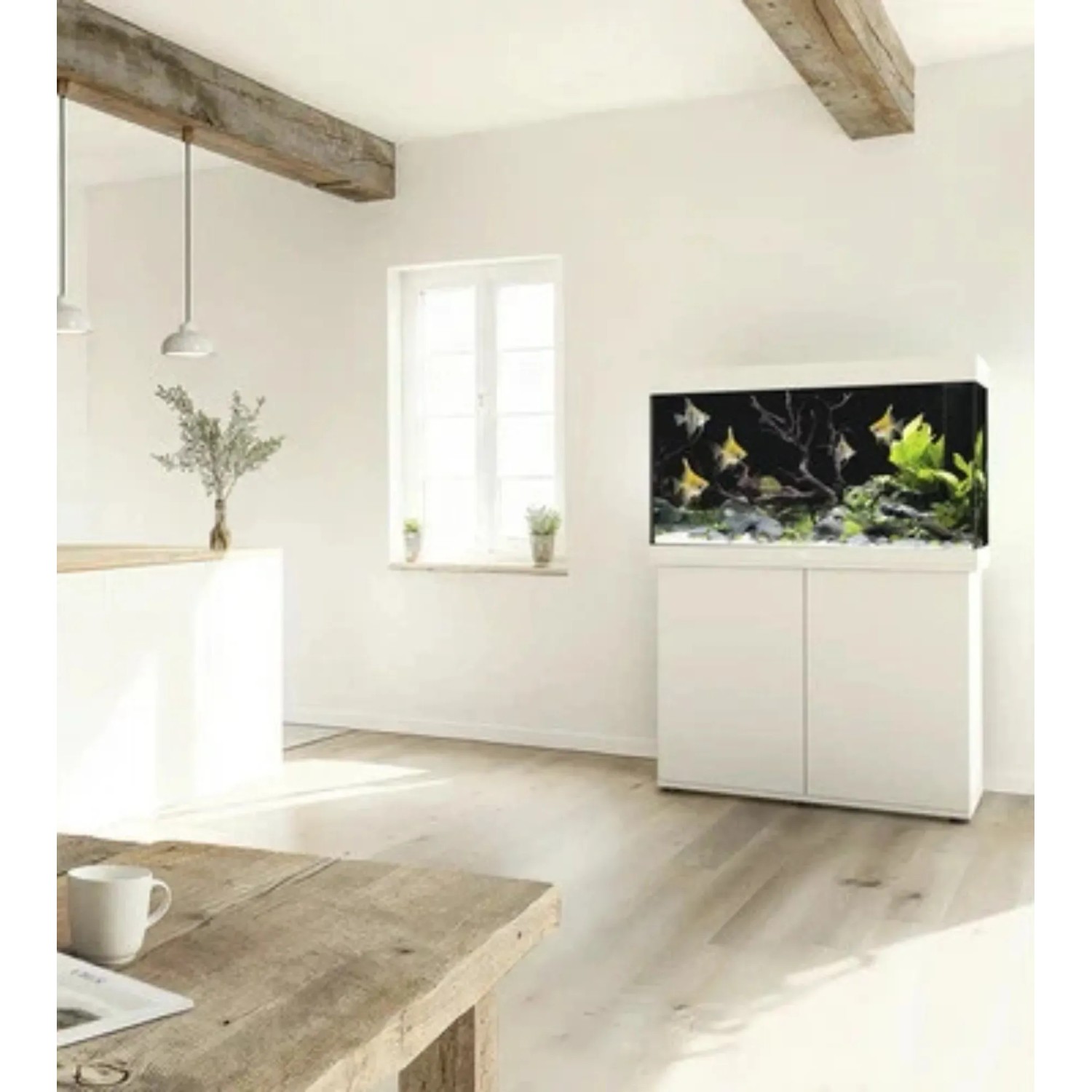 Weißer Juwel Aquarienschrank SBX Rio 290 mit Aquarium im Wohnraum.
