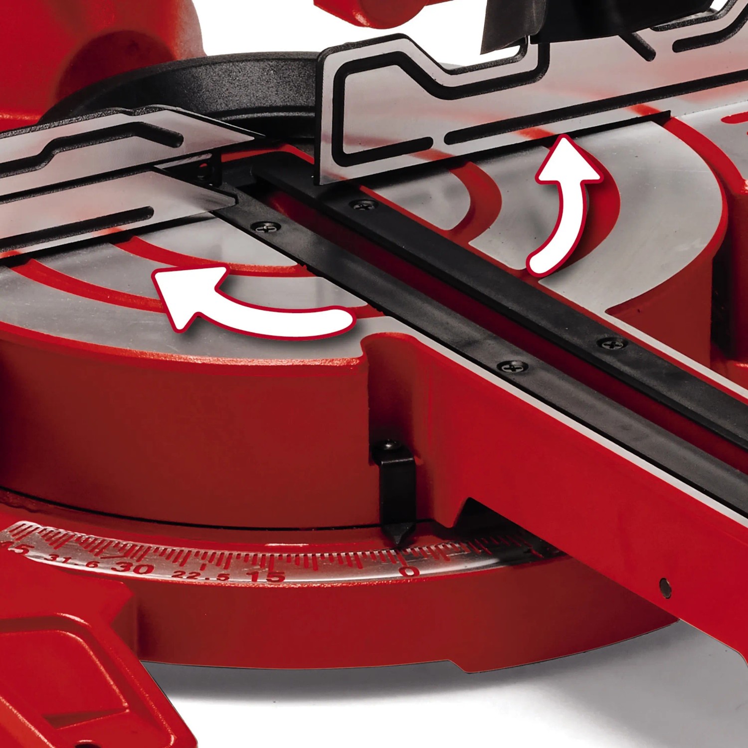 Detailaufnahme der Einhell TC-SM 216 Zug-Kapp-Gehrungssäge mit Winkeleinstellung.