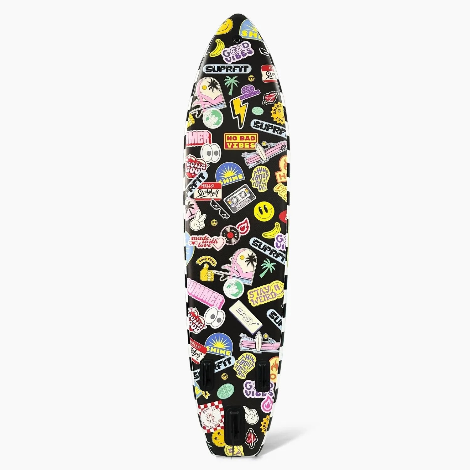 Schwarzes Suprfit Stand-Up Paddling Board mit farbenfrohen, lustigen Stickern. Stylisches SUP für Wassersport.