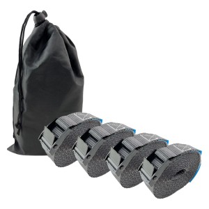 4 anthrazitfarbene Spanngurte mit Klemmschloss und Tasche. Traglast je 250kg.