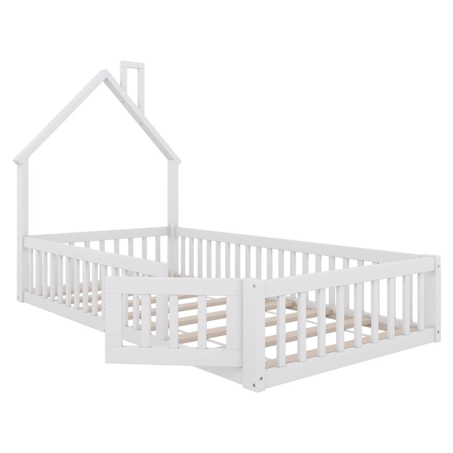 okwish Kinderbett 90×200 Hausbett mit Schornsteinform ohne Matratze