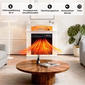 HOMAVO Elektrokamin mit Schrank, weißes Holzdesign, 900/1800W, 3D-Flammen und LED-Licht.