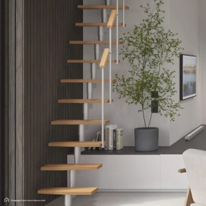 Raumspartreppe Delta Premium mit 11 Buche Natur Stufen, Italo-Silber Mittelholm und Geländer. Moderne Innentreppe.