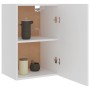 Weißer Hängeschrank (39,5x31x60 cm) aus Holzwerkstoff mit offener Tür und zwei Regalböden.