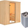 Woodfeeling Sauna Tromsö mit bronzierter Glastür und 9 kW Ofen.