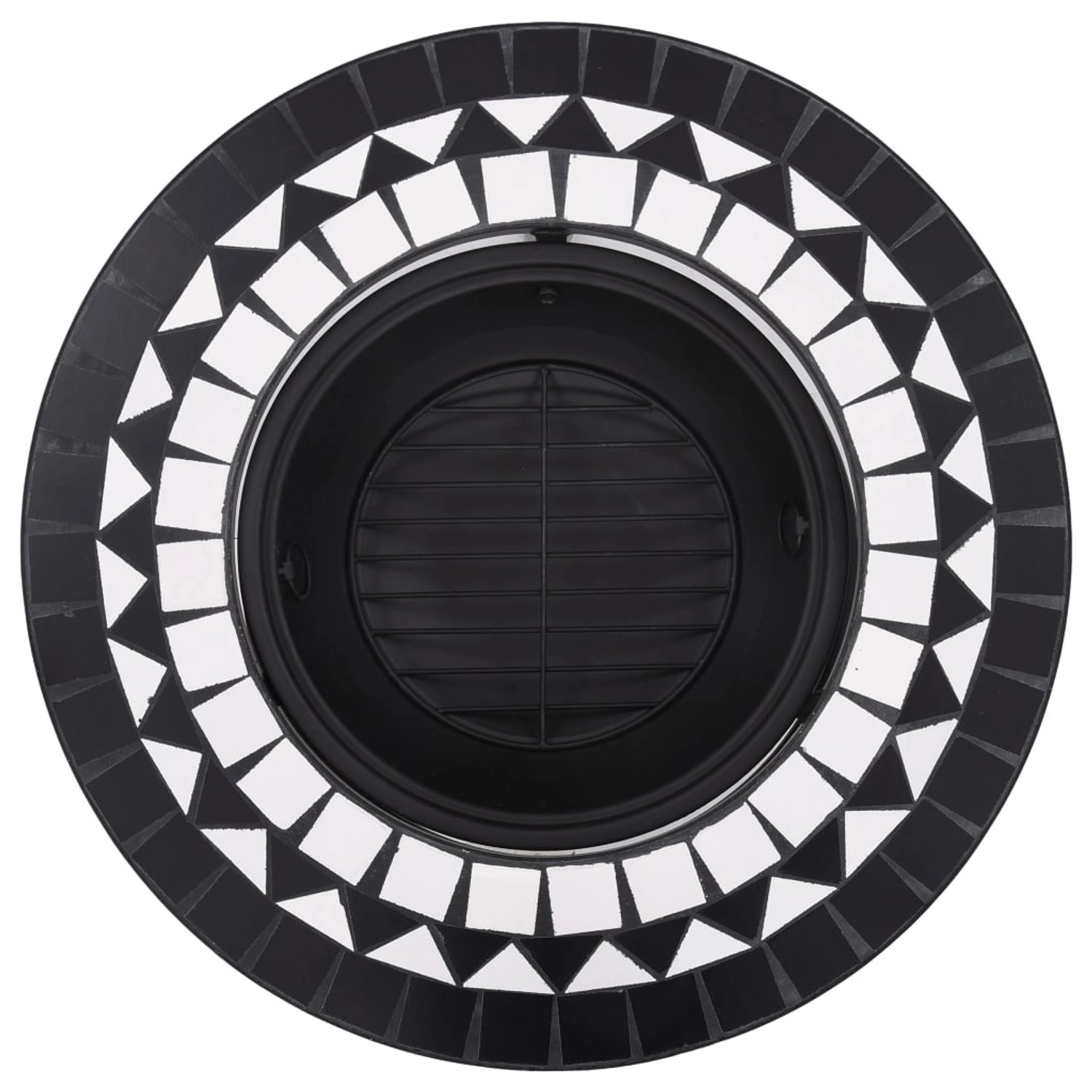 Schwarze vidaXL Feuerstelle mit Mosaik-Tischplatte (68 cm) für Garten und Terrasse.