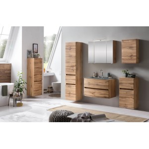 Held Möbel Waschtisch-Set Salerno, 80 cm, Wotaneiche mit grauem Glasbecken und Spiegelschrank.