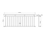 Technische Zeichnung: Französischer Balkon aus schwarzem Stahl, 225x90cm, mit 16 Füllstäben. Details zur Fenstersicherung.